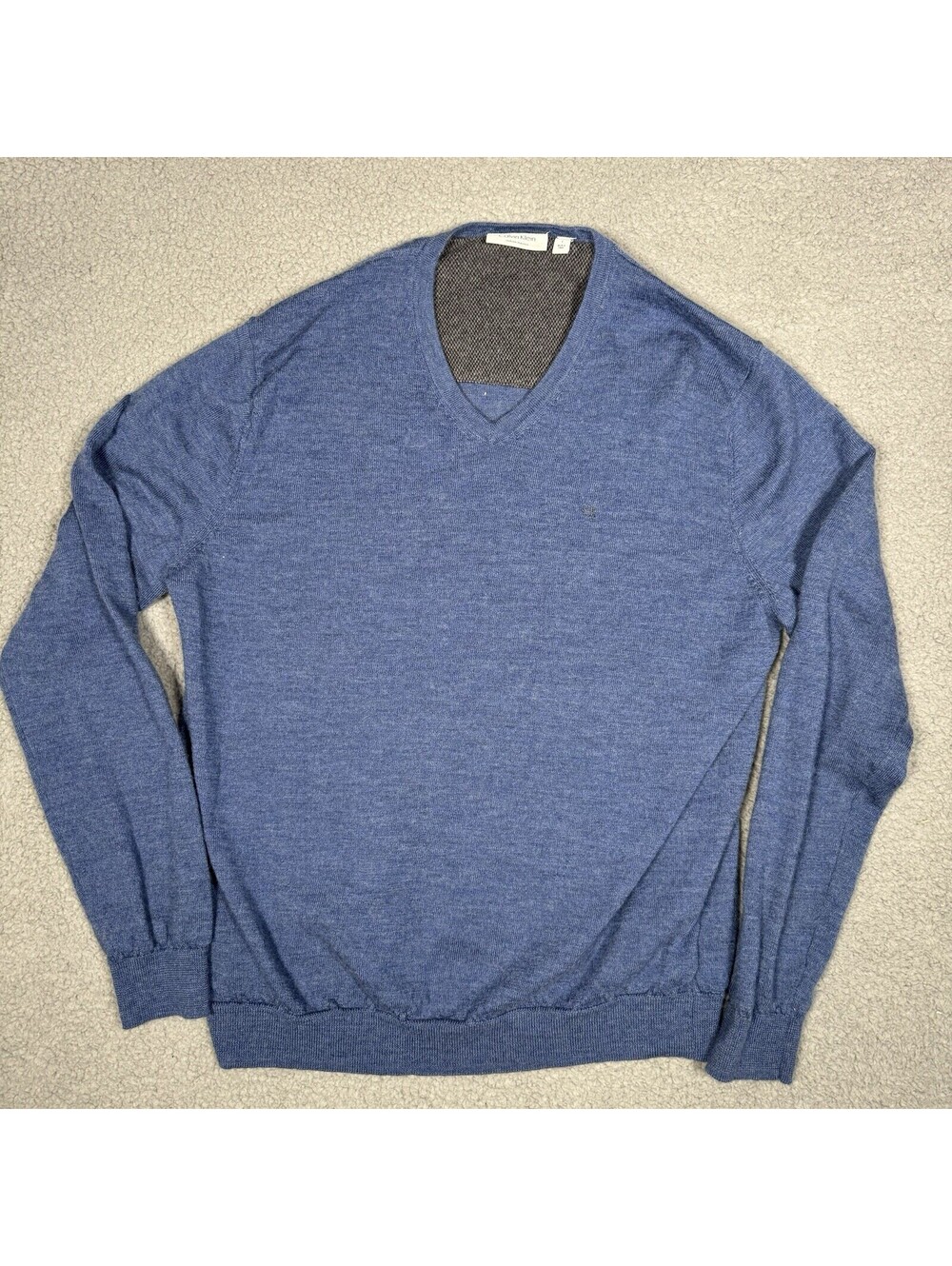 Calvin Klein Italian Merino Wool Long Sleeve Pullover V Neck Sweater Blue Large